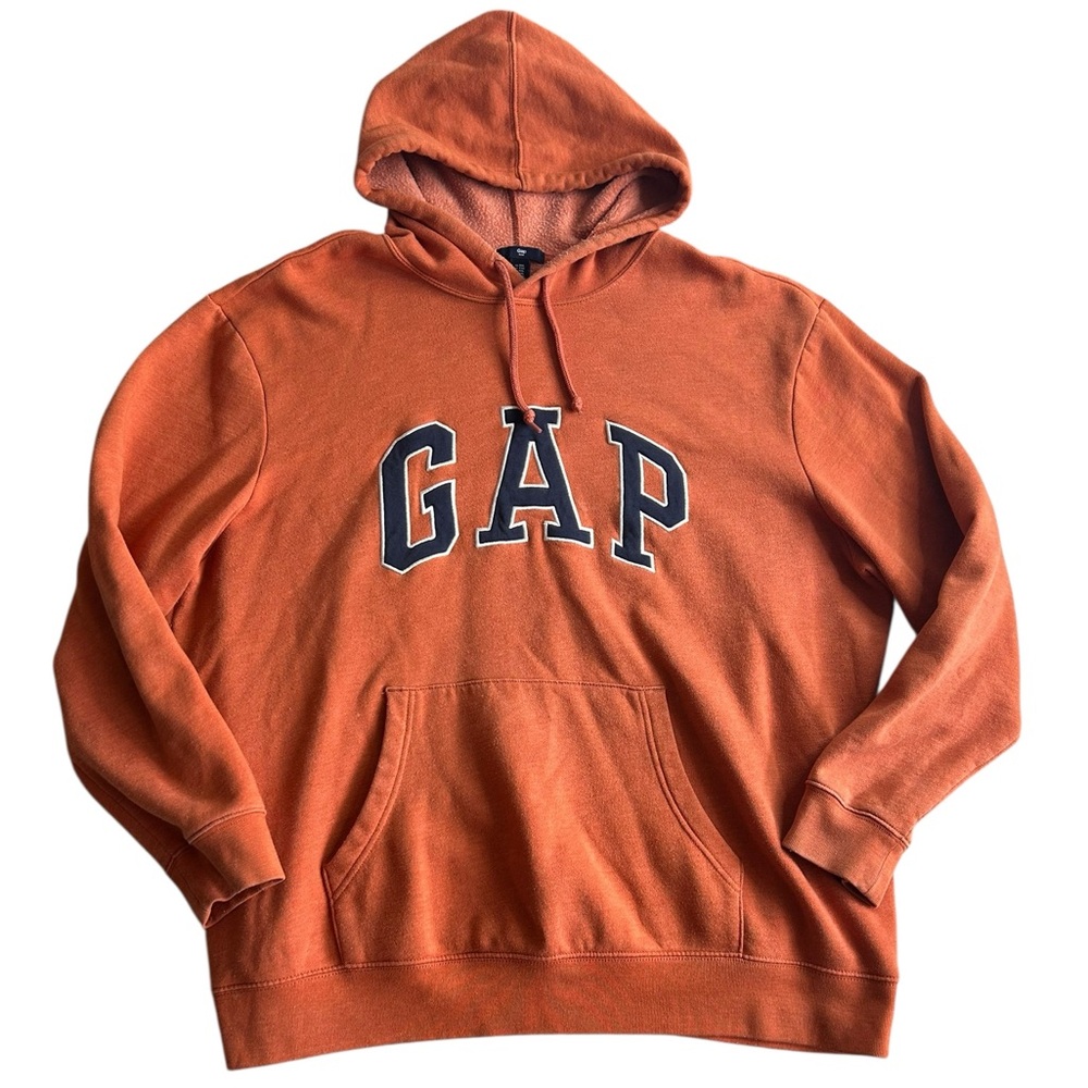 90s GAP Logo Hoodie Sweatshirt XXL Burnt Orange Fleece-Lined Pullover‎